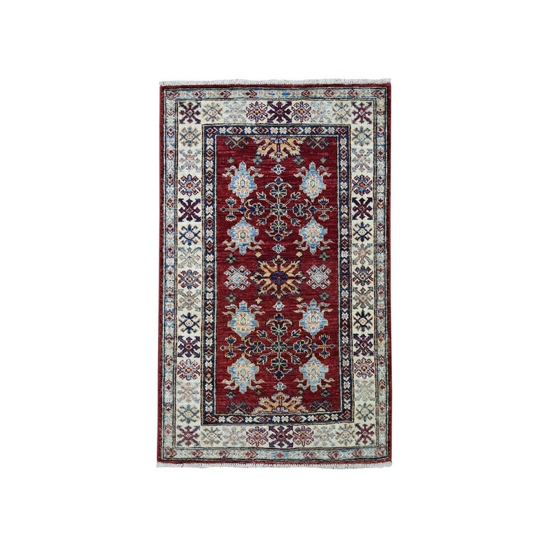 Shahbanu Rugs Red Super Kazak Pure Wool Geometric Design Hand-Knotted Oriental Rug (2'8" x 3'6") - 2'8" x 3'6" - 2'8" x 3'6"