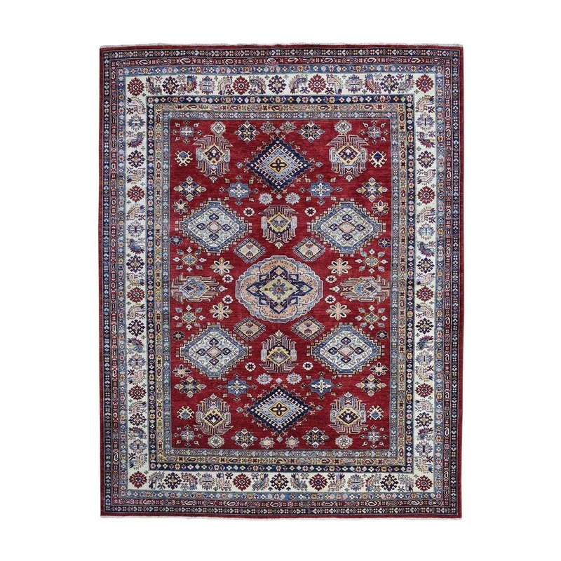 Shahbanu Rugs Red Super Kazak Pure Wool Geometric Design Hand-Knotted Oriental Rug (8'1" x 9'9") - 8'1" x 9'9"