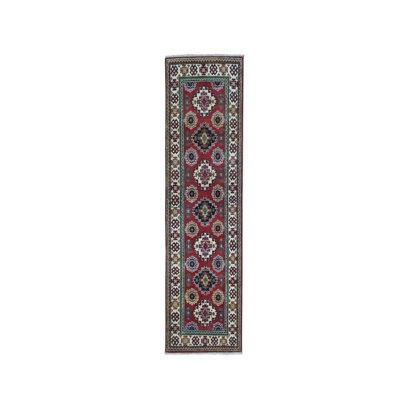 Shahbanu Rugs Red Super Kazak Pure Wool Geometric Design Hand-Knotted Runner Rug (2'0" x 5'7") - 2'0" x 5'7"