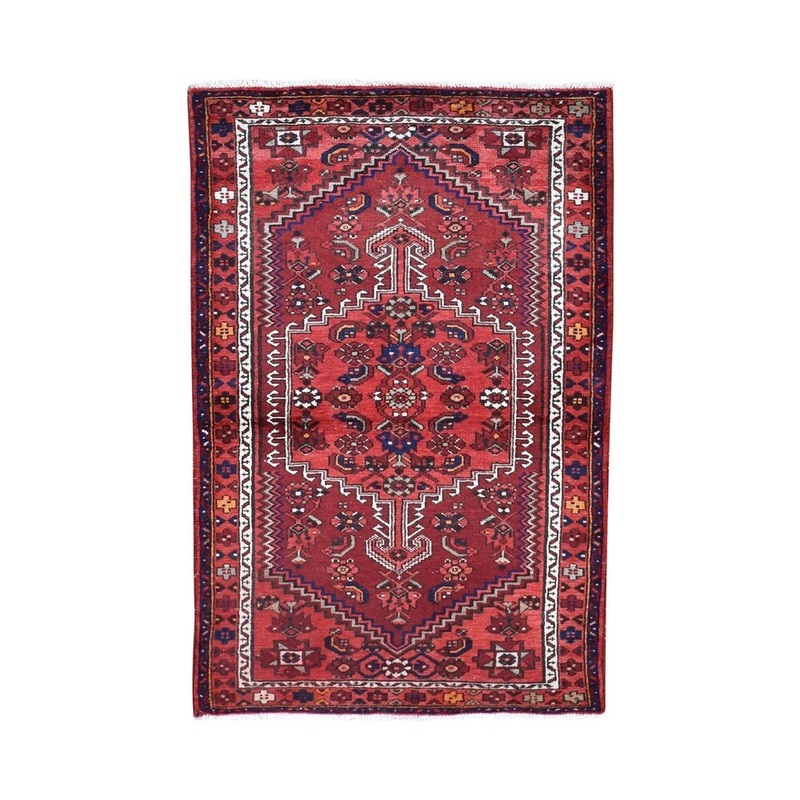 Shahbanu Rugs Red Vintage Persian Hamadan Full Pile Pure Wool Hand-Knotted Oriental Rug (3'8" x 6'6") - 3'8" x 6'6"