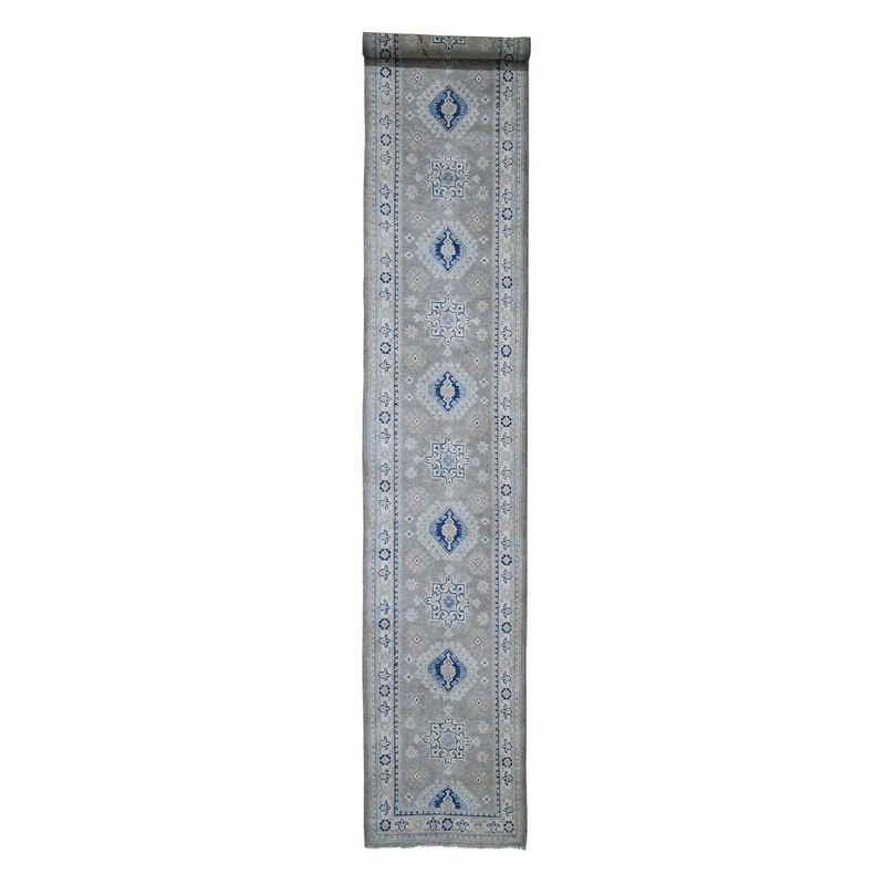 Shahbanu Rugs Vintage Look Kazak Pure Wool Hand-Knotted Runner Oriental Rug (2'9" x 15'3") - 2'9" x 15'3"