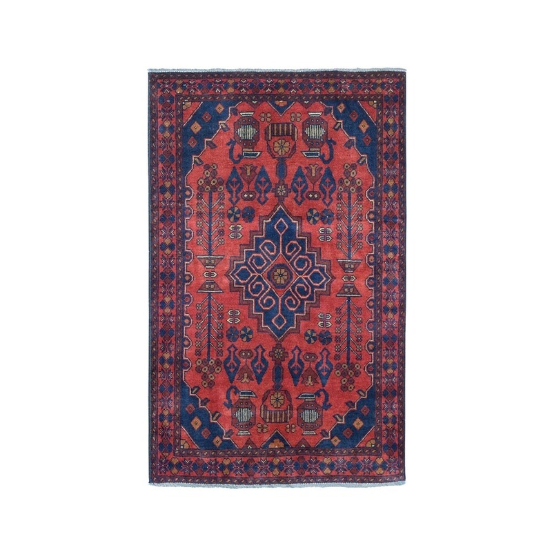 Shahbanu Rugs Vintage Look Red Geometric Afghan Andkhoy Pure Wool Hand-Knotted Rug (3'4" x 4'9") - 3'4" x 4'9"