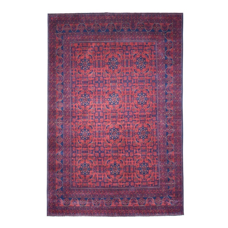 Shahbanu Rugs Vintage Look Red Geometric Afghan Andkhoy Pure Wool Hand-Knotted Rug (8'2" x 11'1") - 8'2" x 11'1"