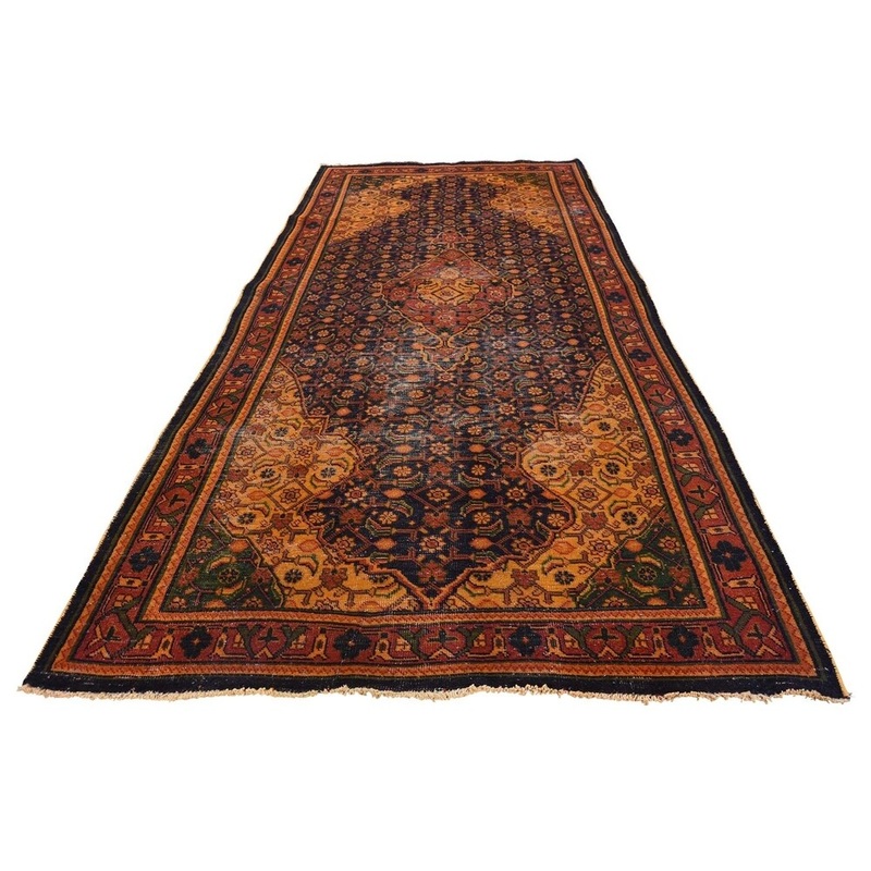 Shahbanu Rugs Vintage Overdyed Persian Malayer Worn Hand Knotted Wide Runner Rug (4'4" x 9'5") - 4'4" x 9'5"