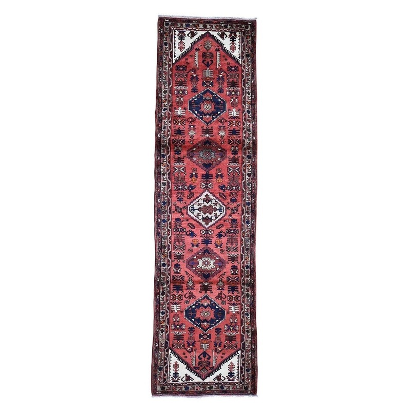 Shahbanu Rugs Vintage Persian Hamadan Runner Pure Wool Hand-Knotted Oriental Rug (3'4" x 12'0") - 3'4" x 12'0"