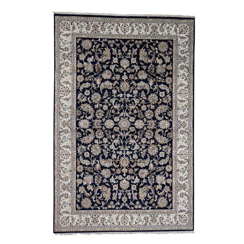 Shahbanu Rugs Wool And Silk 250 Kpsi Navy Blue All Over Design Nain Hand-Knotted Rug (5'7" x 7'10") - 5'7" x 7'10"