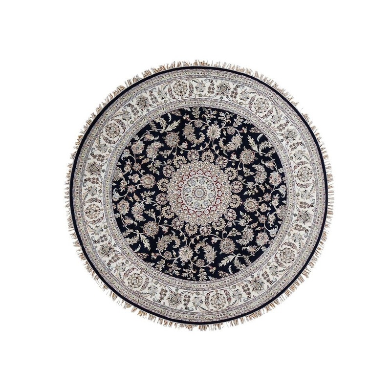 Shahbanu Rugs Wool and Silk 250 Kpsi Navy Blue Nain Hand-Knotted Oriental Round Rug (6'9" x 6'10") - 6'9" x 6'10"