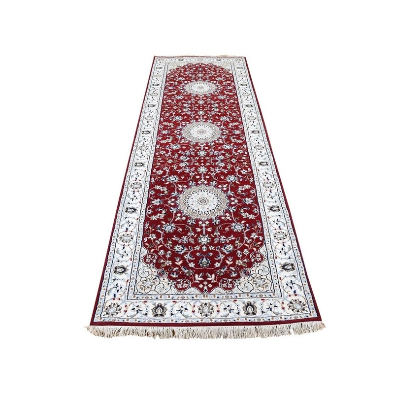 Shahbanu Rugs Wool And Silk 250 Kpsi Red Nain Hand-Knotted Runner Oriental Rug (2'8" x 8'2") - 2'8" x 8'2"