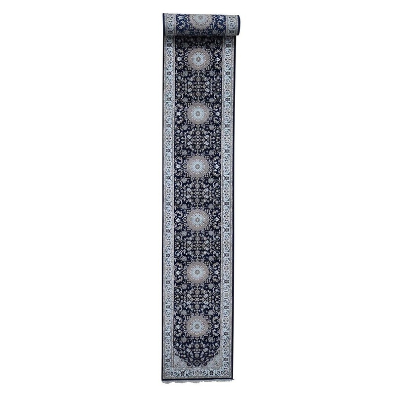 Shahbanu Rugs Wool And Silk 250 KPSI XL Runner Navy Blue Nain Oriental Rug (2'9" x 22'0") - 2'9" x 22'0"