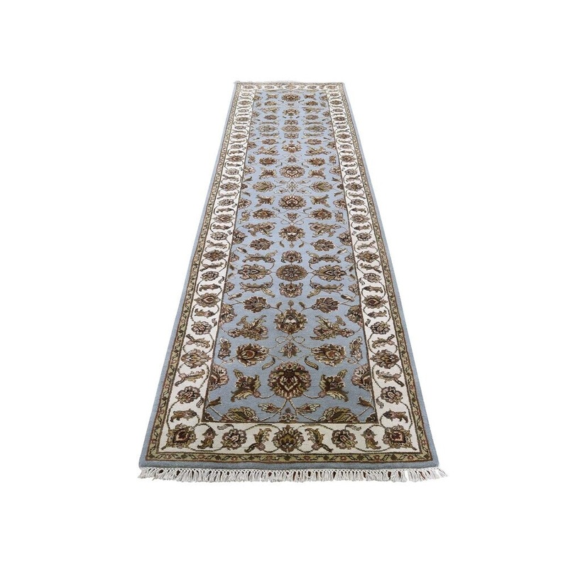 Shahbanu Rugs Wool And Silk Rajasthan Hand Knotted Sky Blue Runner Oriental Rug (2'6" x 10'1") - 2'6" x 10'1"
