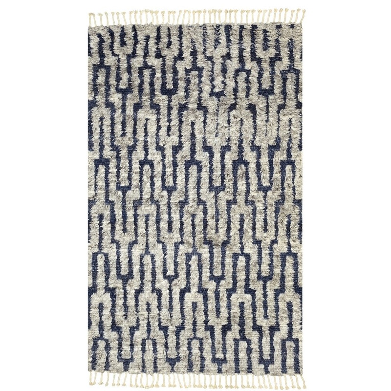 5x8 Boho Chic Hand Knotted Natural Navy Trellis Wool Rug