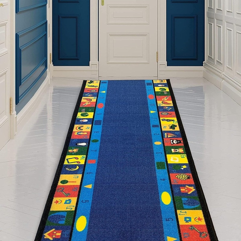 Custom Size Alphabet Border Design Blue Color Non-Slip Rubber Backing- 31 Inch WidexYour Choice of Length Runner Rug