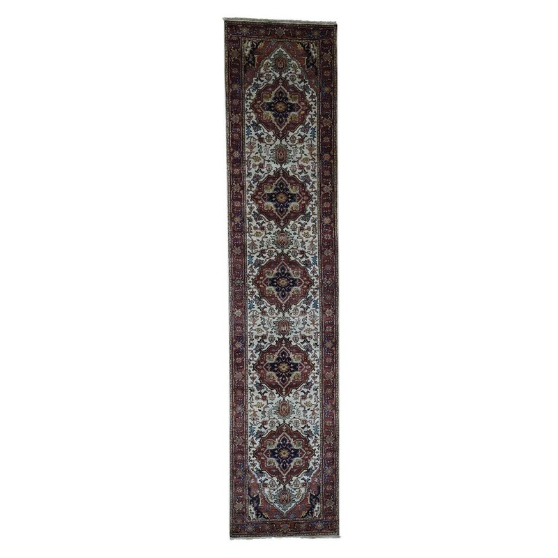 Shahbanu Rugs Antiqued Heriz Re-Creation Hand-Knotted Pure Wool Runner Rug (2'7" x 11'10") - 2'7" x 11'10"