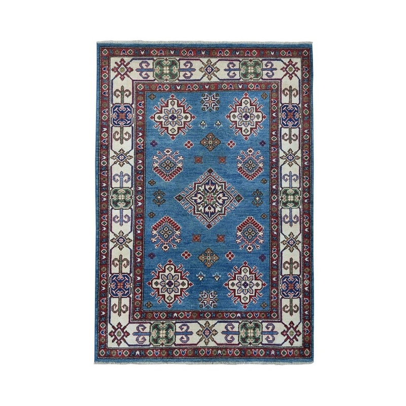 Shahbanu Rugs Blue Geometric Design Kazak Pure Wool Hand-Knotted Oriental Rug (4'0" x 5'6") - 4'0" x 5'6"
