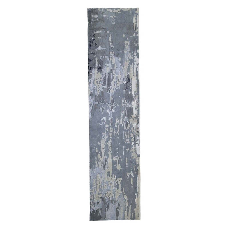 Shahbanu Rugs Hi-Low Pile Abstract Design Wool And Silk Runner Hand-Knotted Rug (3'0" x 12'0") - 3'0" x 12'0"