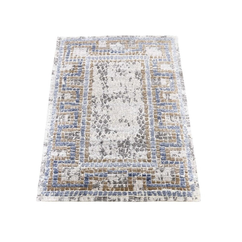 Shahbanu Rugs Ivory And Blue Silken Roman Mosaic Design Hand-Knotted Oriental Rug (2'3" x 3'1") - 2'3" x 3'1"
