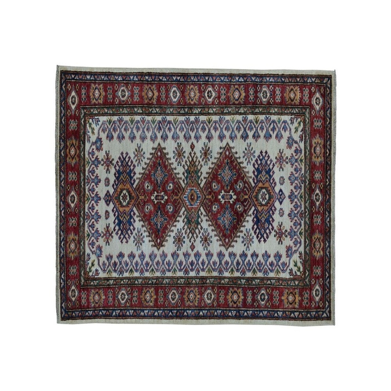 Shahbanu Rugs Ivory Super Kazak Pure Wool Geometric Design Hand-Knotted Oriental Rug (3'2" x 5'3") - 3'2" x 5'3"