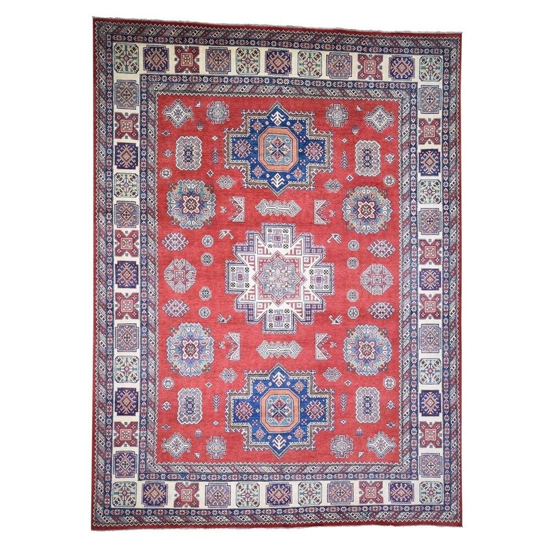 Shahbanu Rugs Kazak Special Pure Wool Hand-Knotted Geometric Design Oriental Rug (9'0" x 11'7") - 9'0" x 11'7"