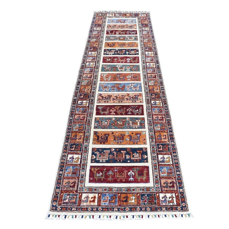 Shahbanu Rugs Khorjin Design Colorful Runner Super Kazak Pure Wool Hand Knotted Oriental Rug (2'8" x 10'0") - 2'8" x 10'0"