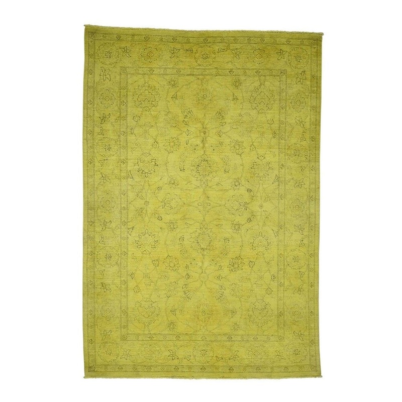Shahbanu Rugs Overdyed Peshawar Yellow Hand-Knotted Pure Wool Oriental Rug (5'8" x 8'2") - 5'8" x 8'2"