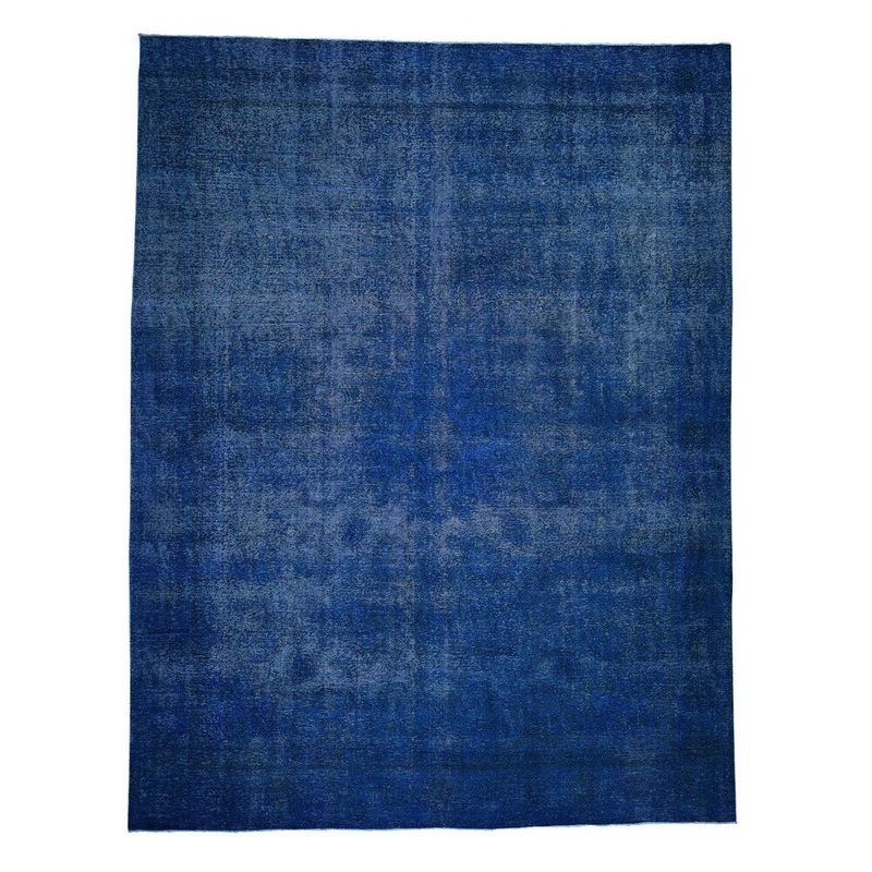 Shahbanu Rugs Overdyed Sheared Low Denim Blue Hand-Knotted Pure Wool Rug (10'0" x 13'0") - 10'0" x 13'0"