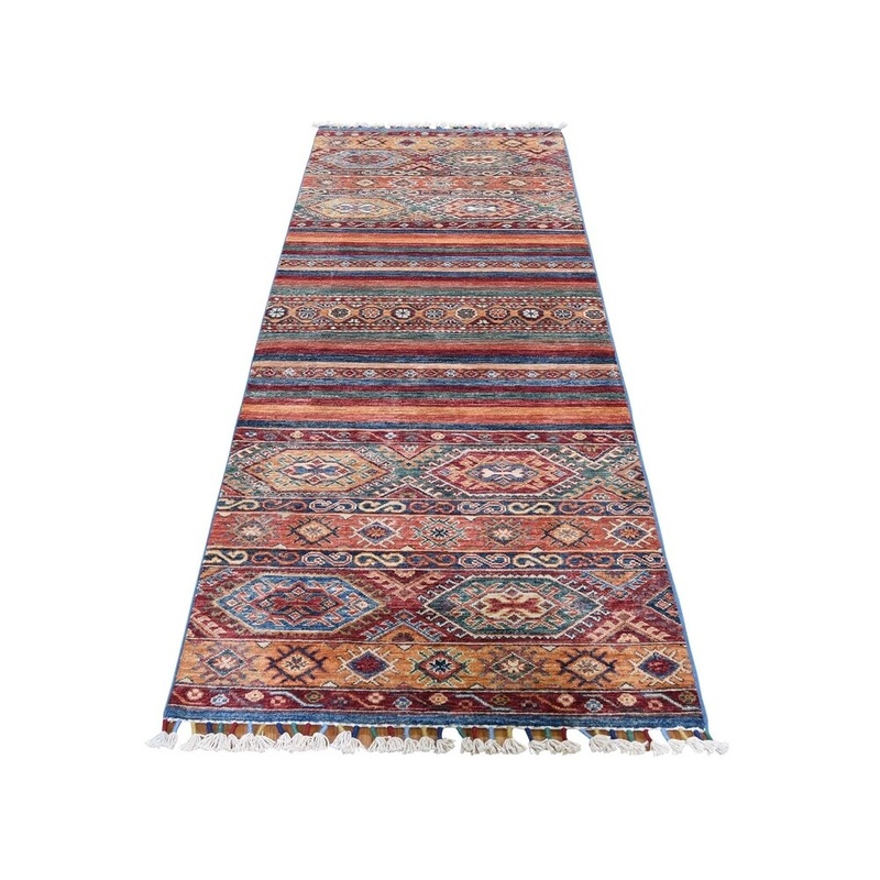 Shahbanu Rugs Red Super Kazak Khorjin Design Runner Hand-Knotted Pure Wool Rug (2'7" x 8'0") - 2'7" x 8'0"