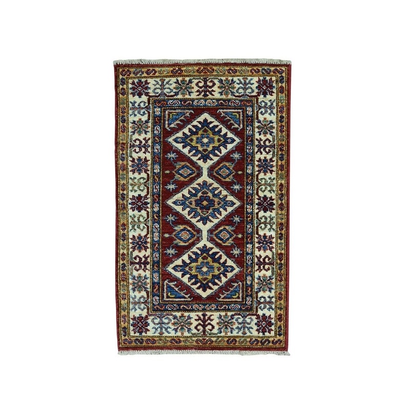 Shahbanu Rugs Red Super Kazak Pure Wool Geometric Design Hand-Knotted Oriental Rug (1'10" x 3'0") - 1'10" x 3'0"