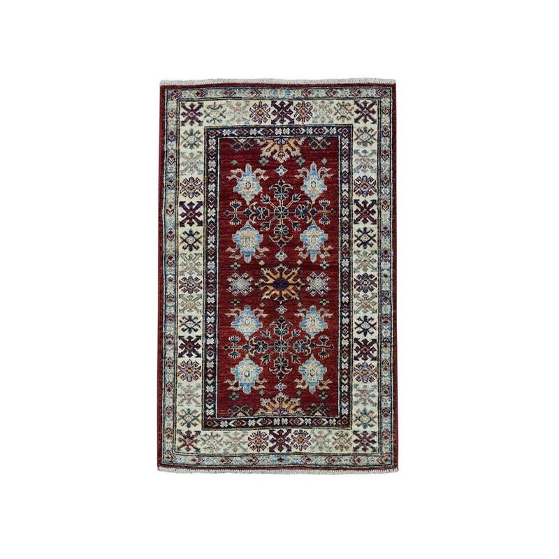 Shahbanu Rugs Red Super Kazak Pure Wool Geometric Design Hand-Knotted Oriental Rug (2'8" x 3'6") - 2'8" x 3'6"