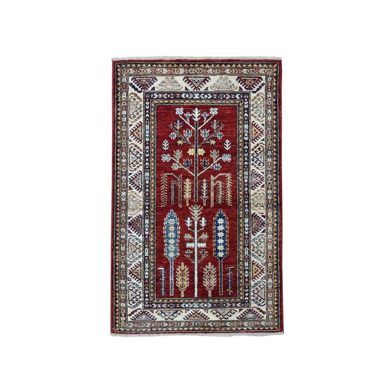 Shahbanu Rugs Red Super Kazak Pure Wool Geometric Design Hand-Knotted Oriental Rug (2'9" x 4'5") - 2'9" x 4'5"