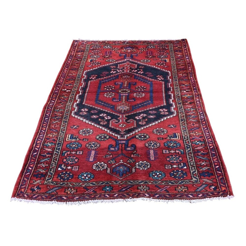 Shahbanu Rugs Red Vintage Persian Hamadan Pure Wool Runner Hand-Knotted Oriental Rug (3'3" x 6'2") - 3'3" x 6'2"