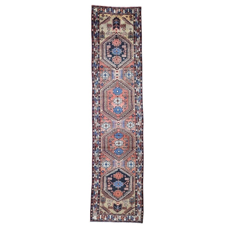 Shahbanu Rugs Vintage Persian Heriz Pure Wool Runner Hand-Knotted Rug (3'2" x 13'2") - 3'2" x 13'2"