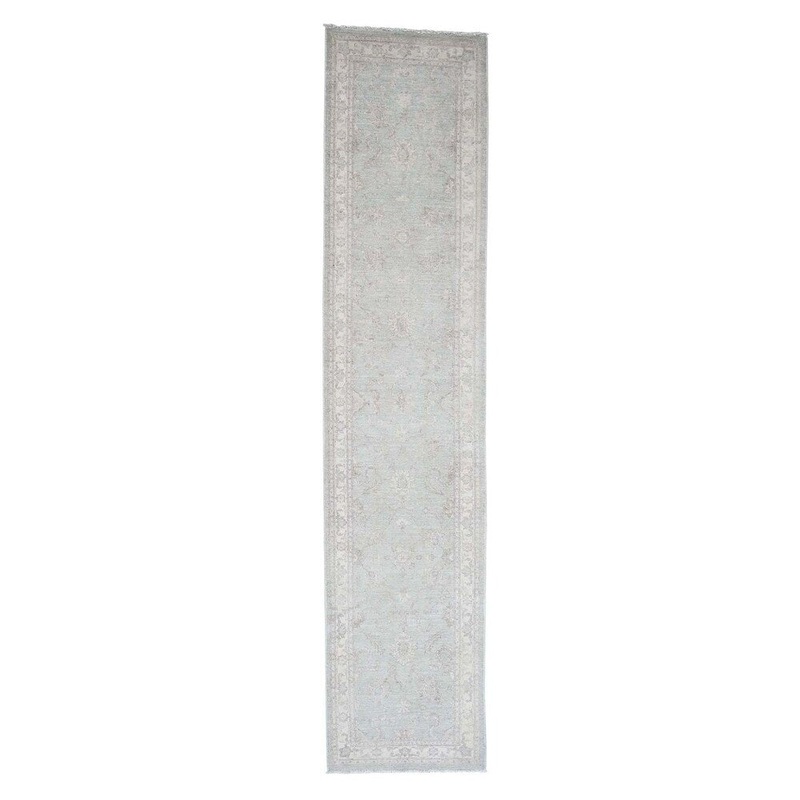 Shahbanu Rugs White Wash Peshawar Pure Wool Hand-Knotted Runner Oriental Rug (2'7" x 11'10") - 2'7" x 11'10"