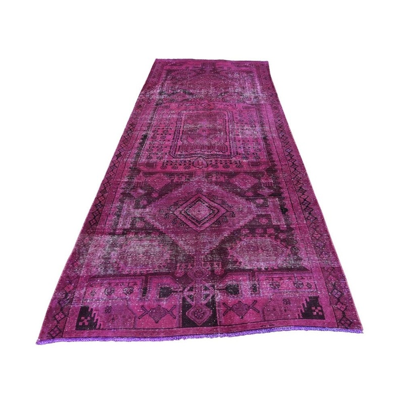 Shahbanu Rugs Wide Runner Worn Down Overdyed Persian Hamadan Hand-Knotted Rug (3'10" x 10'10") - 3'10" x 10'10"