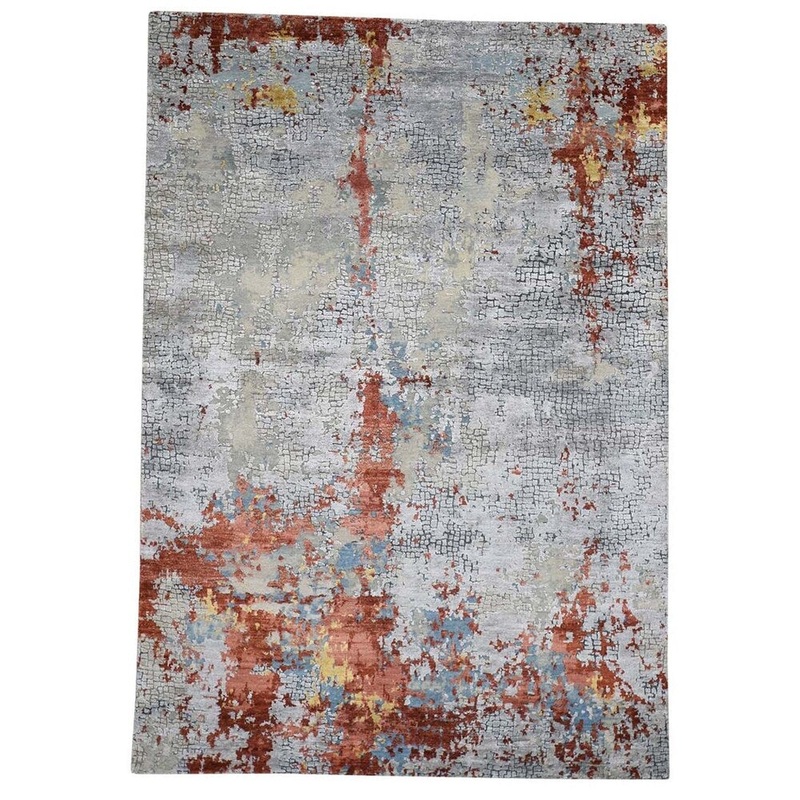 Shahbanu Rugs Wool And Silk Abstract With Fire Mosaic Design Hand-Knotted Rug (6'1" x 8'9") - 6'1" x 8'9"