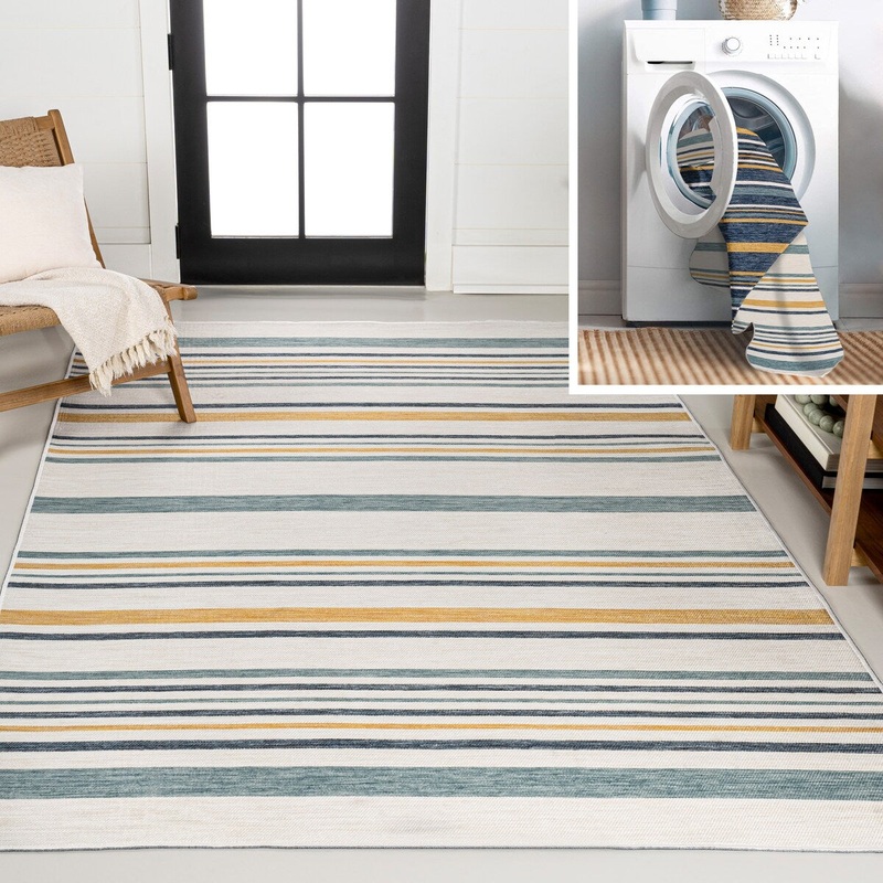 JONATHAN Y Reversible Zephyr Classic Coastal Ticking Stripe Machine-Washable Cream/Navy Indoor/Outdoor Rug