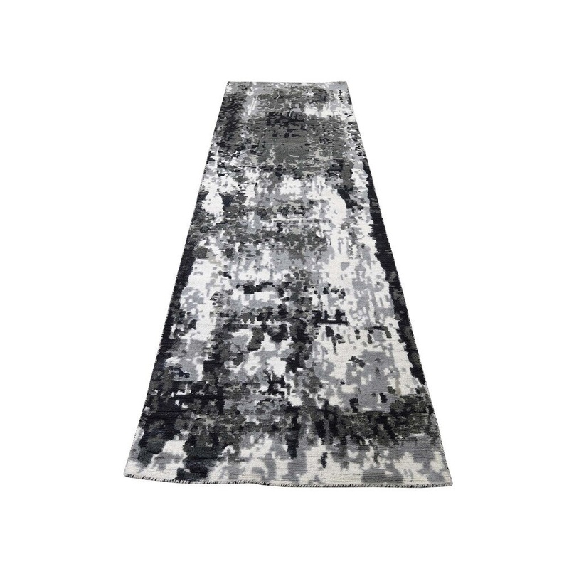 Shahbanu Rugs Abstract Design Hi-Lo Pile Wool and Silk Runner Hand-Knotted Rug (2'6" x 10'2") - 2'6" x 10'2"