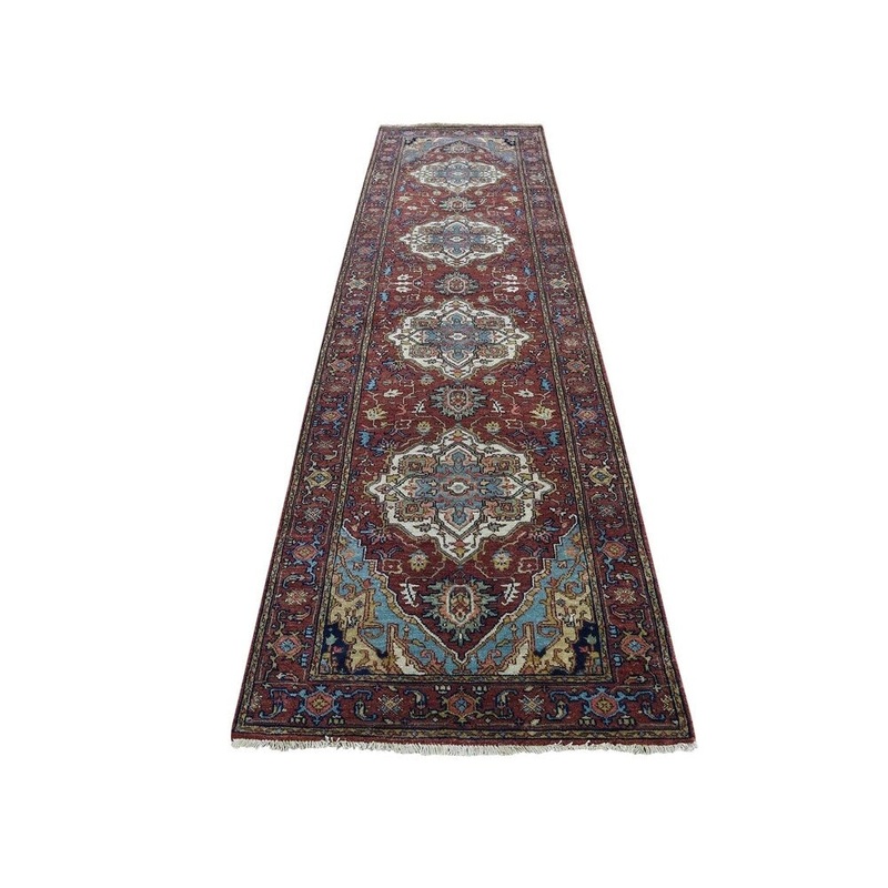 Shahbanu Rugs Antiqued Heriz Re-Creation Hand-Knotted Runner Pure Wool Rug (2'6" x 11'7") - 2'6" x 11'7"