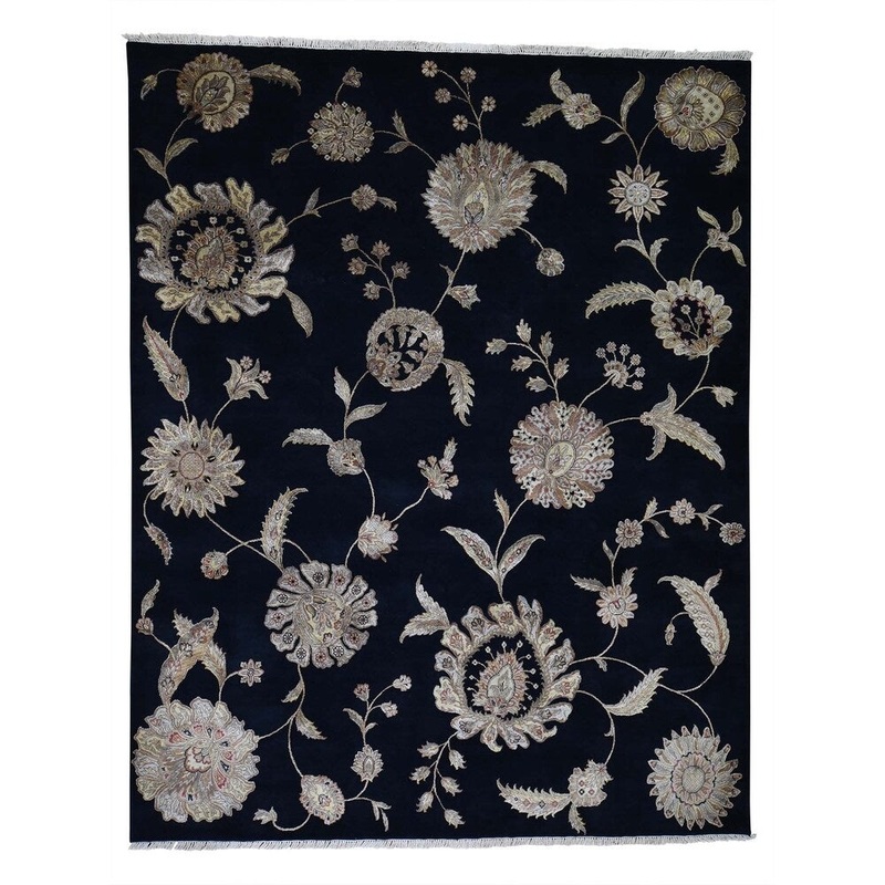 Shahbanu Rugs Black Half Wool and Half Silk Rajasthan Hand Knotted Oriental Rug (8'0" x 10'0") - 8'0" x 10'0"