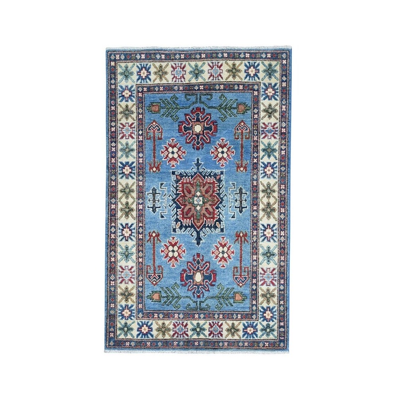 Shahbanu Rugs Blue Geometric Design Kazak Pure Wool Hand-Knotted Oriental Rug (3'2" x 4'9") - 3'2" x 4'9"
