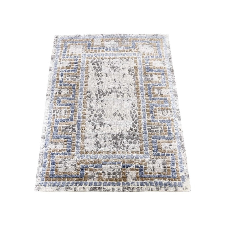 Shahbanu Rugs Ivory And Blue Silken Roman Mosaic Design Hand-Knotted Oriental Rug (2'2" x 3'0") - 2'2" x 3'0"
