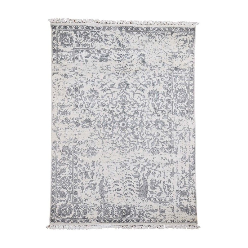 Shahbanu Rugs Ivory Modern Broken Design Art Silk Hand-Knotted Oriental Rug (5'2" x 7'0") - 5'2" x 7'0"