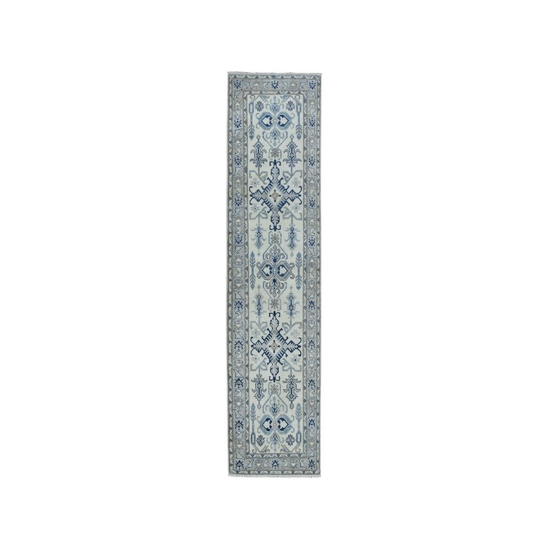 Shahbanu Rugs Ivory Vintage Look kazak Geometric Design Hand-Knotted Oriental Rug (2'9" x 9'2") - 2'9" x 9'2"