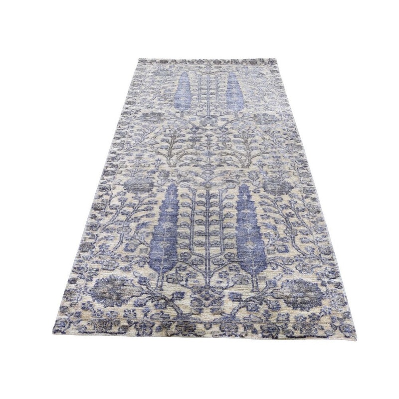 Shahbanu Rugs Ivory Willow And Cypress Tree Design Silk With Oxidized Oriental Rug (2'6" x 6'0") - 2'6" x 6'0"