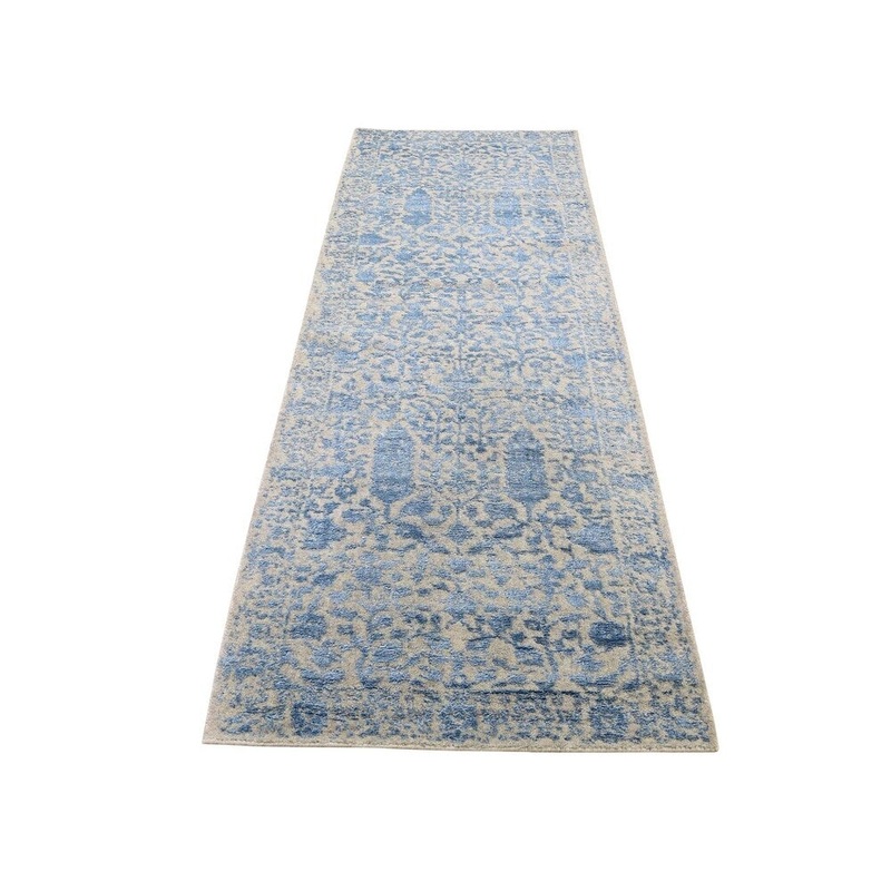 Shahbanu Rugs jacquard Hand-Loomed Blue Broken Cypress Tree Design Silken Thick Rug (2'5" x 10'1") - 2'5" x 10'1"