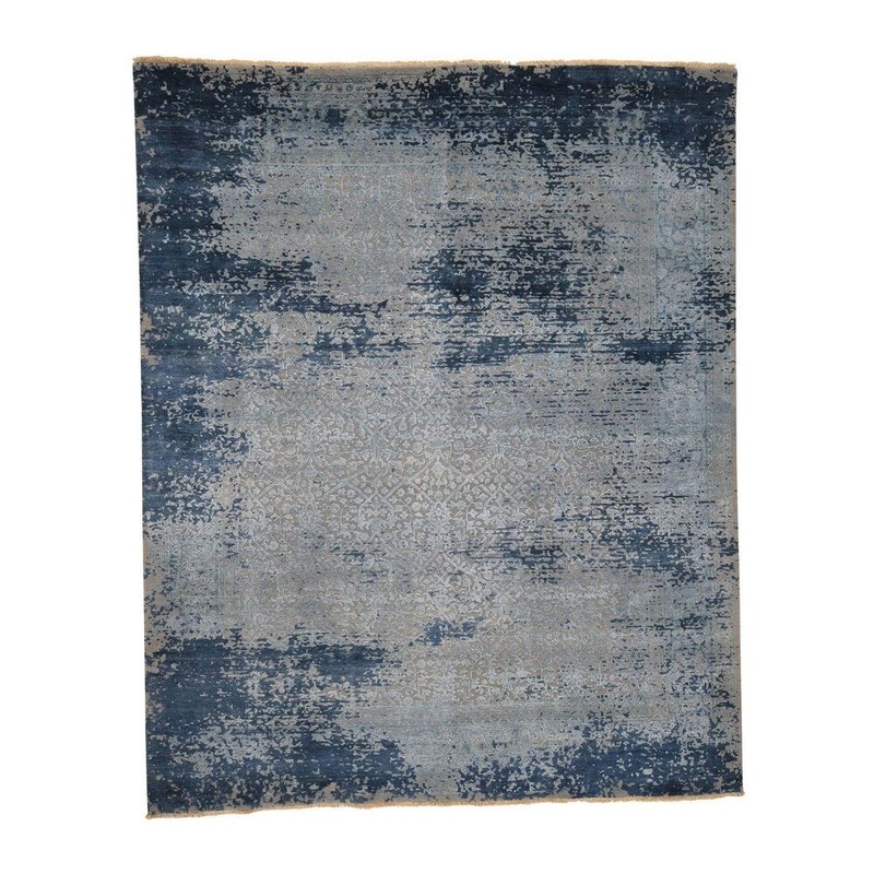 Shahbanu Rugs Modern Broken Design With Blues Hand Knotted Wool and Silk Rug (8'0" x 9'8") - 8'0" x 9'8"
