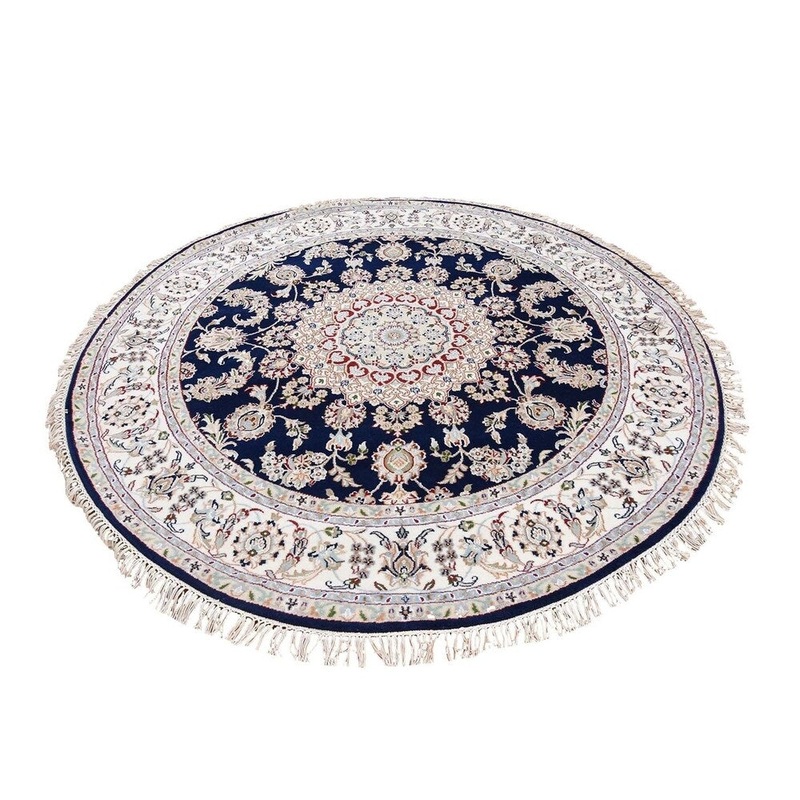 Shahbanu Rugs Navy Blue Round Nain Wool And Silk 250 KPSI Hand Knotted Oriental Rug (6'0" x 6'0") - 6'0" x 6'0"