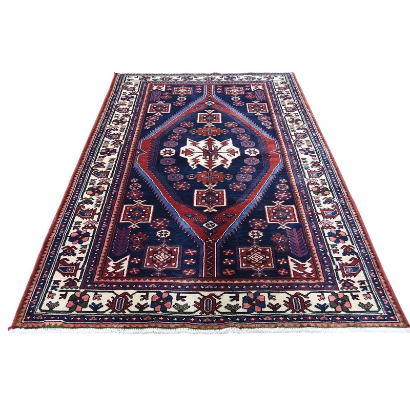 Shahbanu Rugs Navy New Persian Hamadan Pure Wool Hand-Knotted Oriental Rug (4'5" x 7'9") - 4'5" x 7'9"