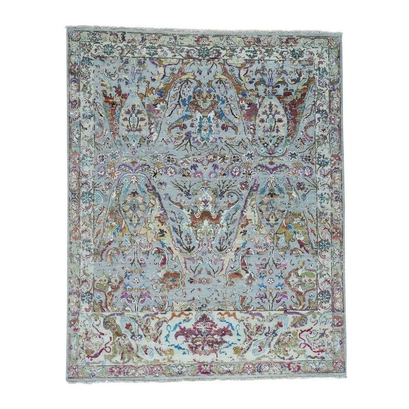 Shahbanu Rugs Oxidized Wool and Sari Silk Ancient Mughal Design Oriental Rug (8'0" x 9'10") - 8'0" x 9'10"