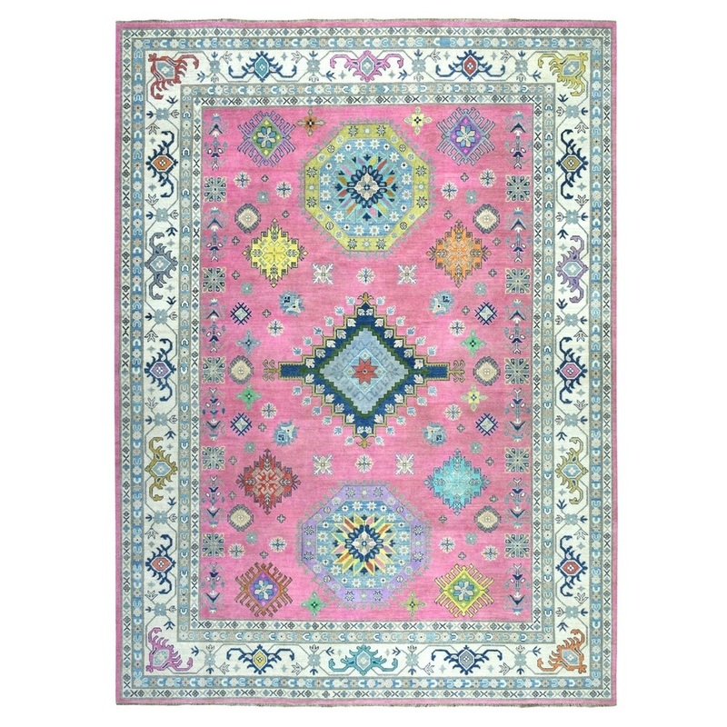 Shahbanu Rugs Pink Colorful Fusion Kazak Pure Wool Geometric Design Hand-Knotted Oriental Rug (8'9" x 11'7") - 8'9" x 11'7"