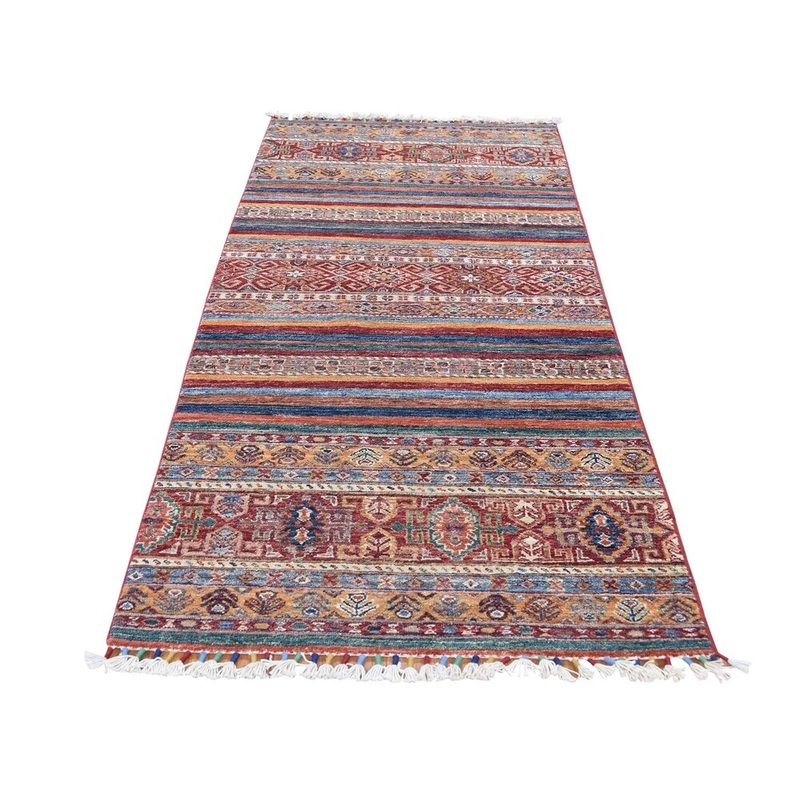 Shahbanu Rugs Red Super Kazak Khorjin Design Runner Hand-Knotted Pure Wool Rug (3'0" x 8'0") - 3'0" x 8'0"
